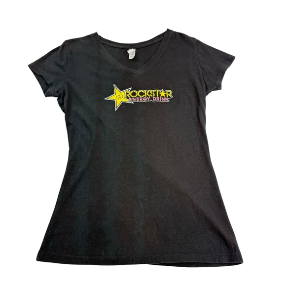 Rockstar Tops - Rockstar Energy Womans Sz LG Black Graphic Print Short Sleeve T Shirt V Neck Y2K